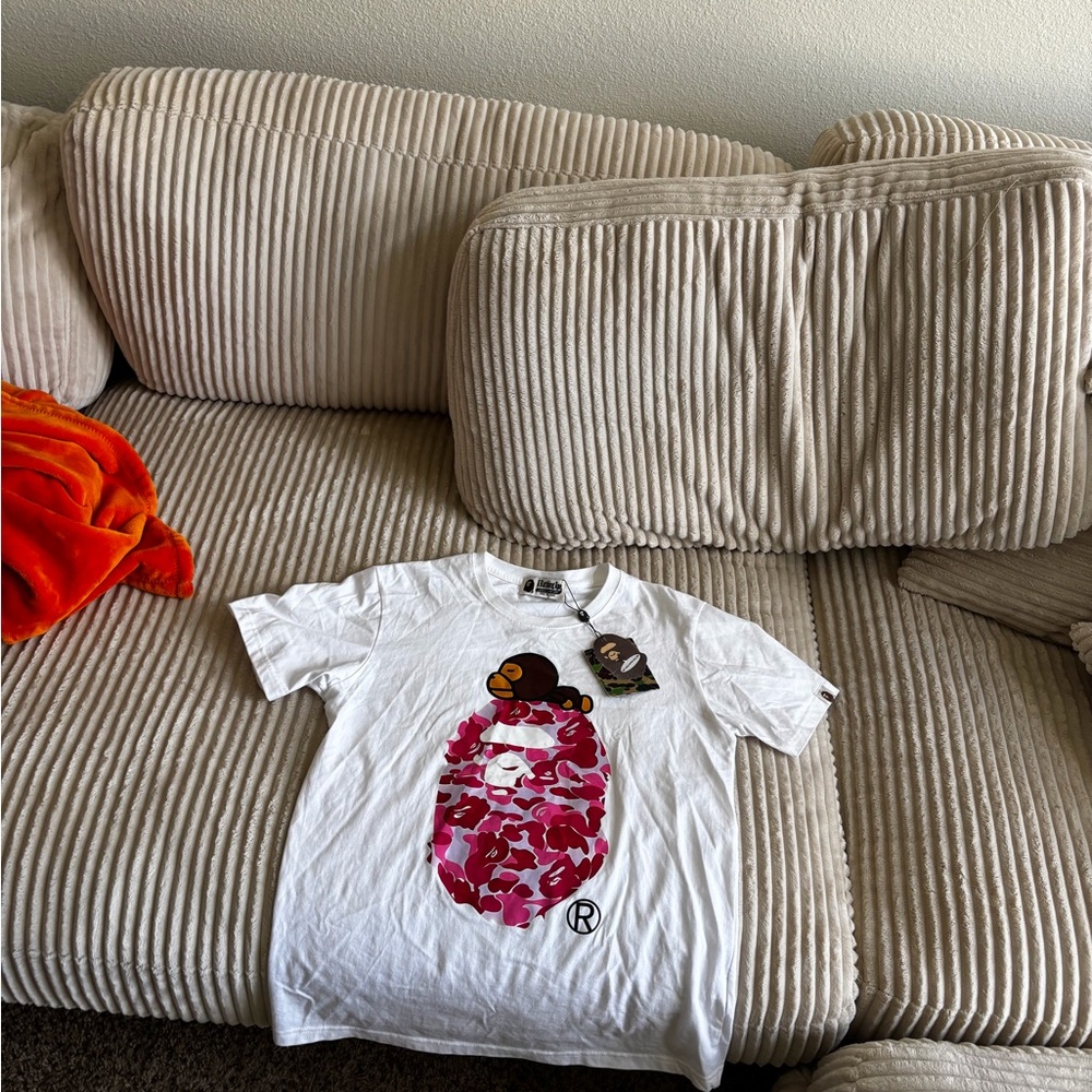 Bape White Tee with Pink Camo Graphic